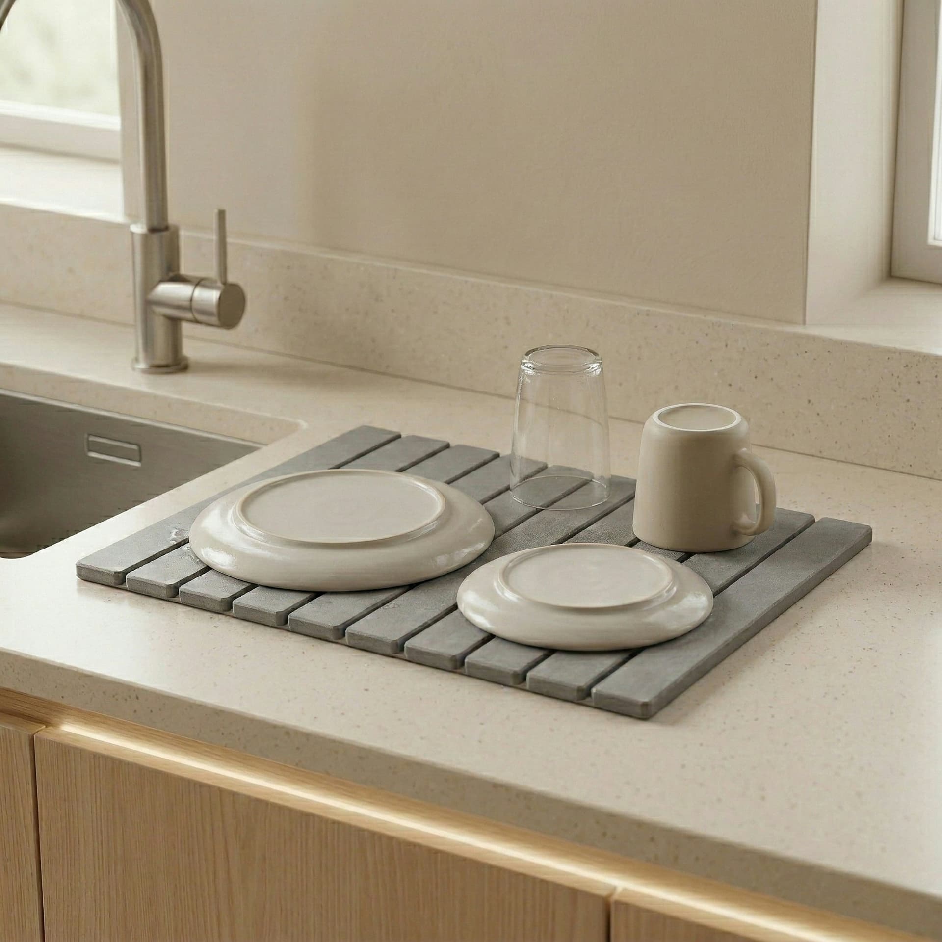 Trivelle stone drying mat in use on kitchen counter