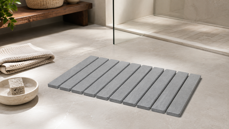 Stone bath mat care setup with cloth and sanding pad for cleaning and surface refresh