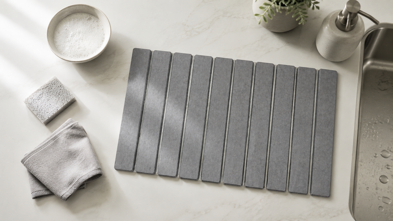How to clean a stone drying mat using gentle care tools in a modern kitchen