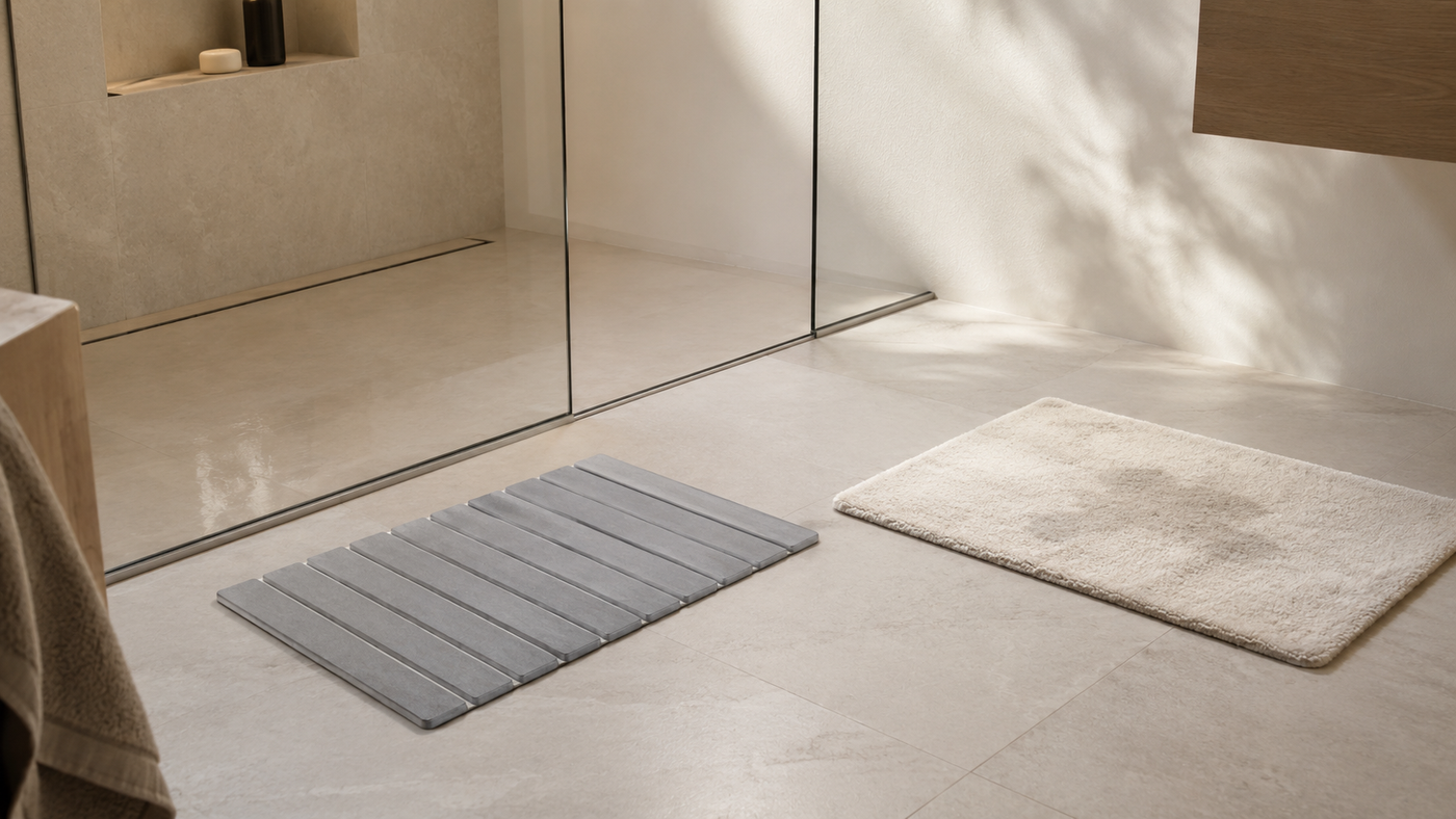 Stone bath mat and fabric bath mat side by side in a modern neutral bathroom