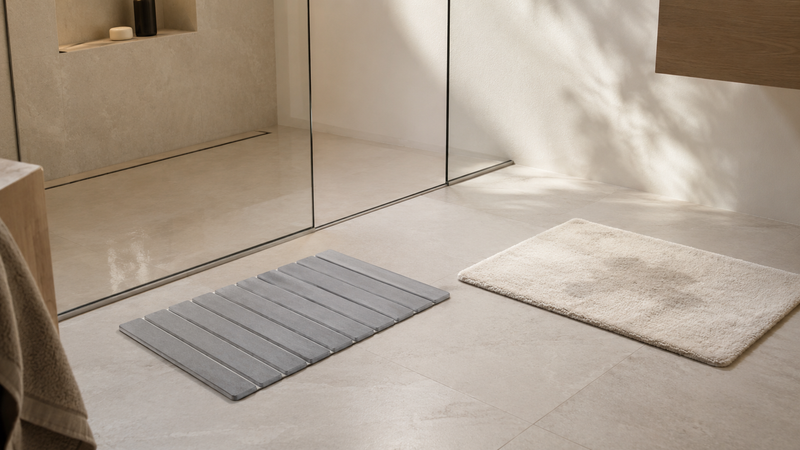Stone bath mat and fabric bath mat side by side in a modern neutral bathroom