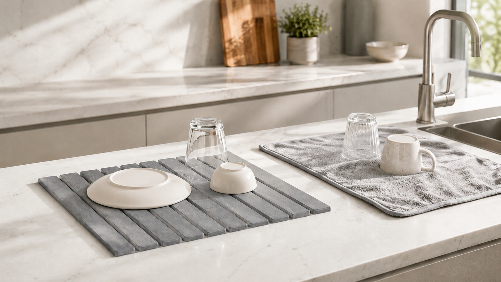 Stone drying mat vs microfiber dish mat comparison in a clean modern kitchen