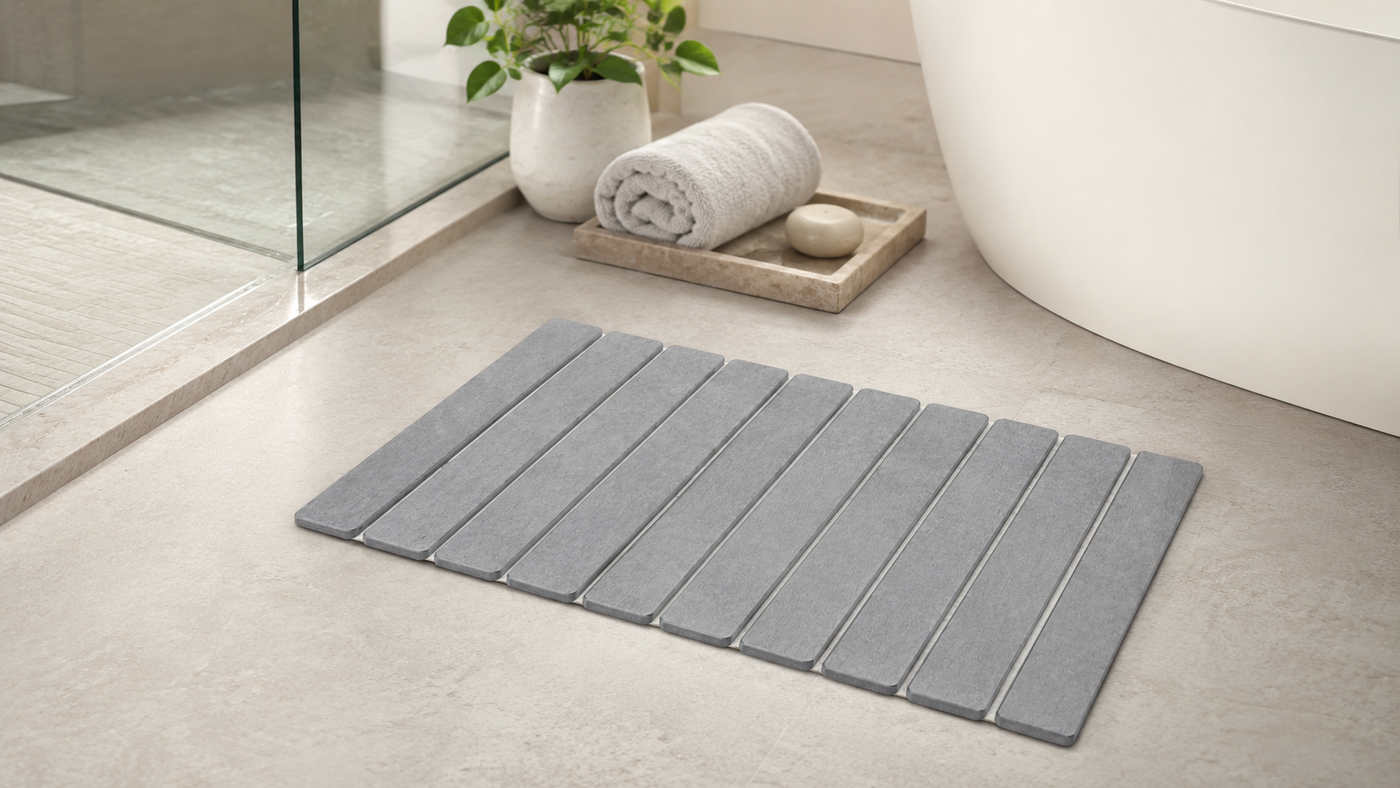 Stone bath mat made from diatomite displayed in a modern bathroom setting