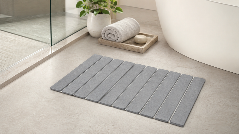 Stone bath mat made from diatomite displayed in a modern bathroom setting