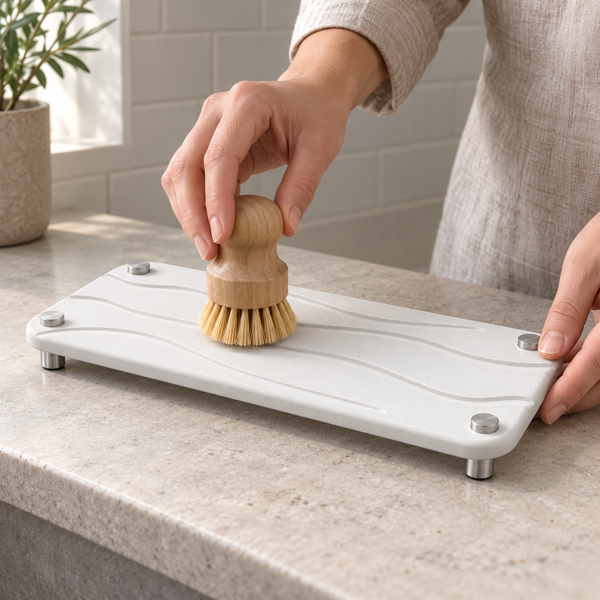 White — Brushing the white stone vanity tray clean with a wooden dish brush