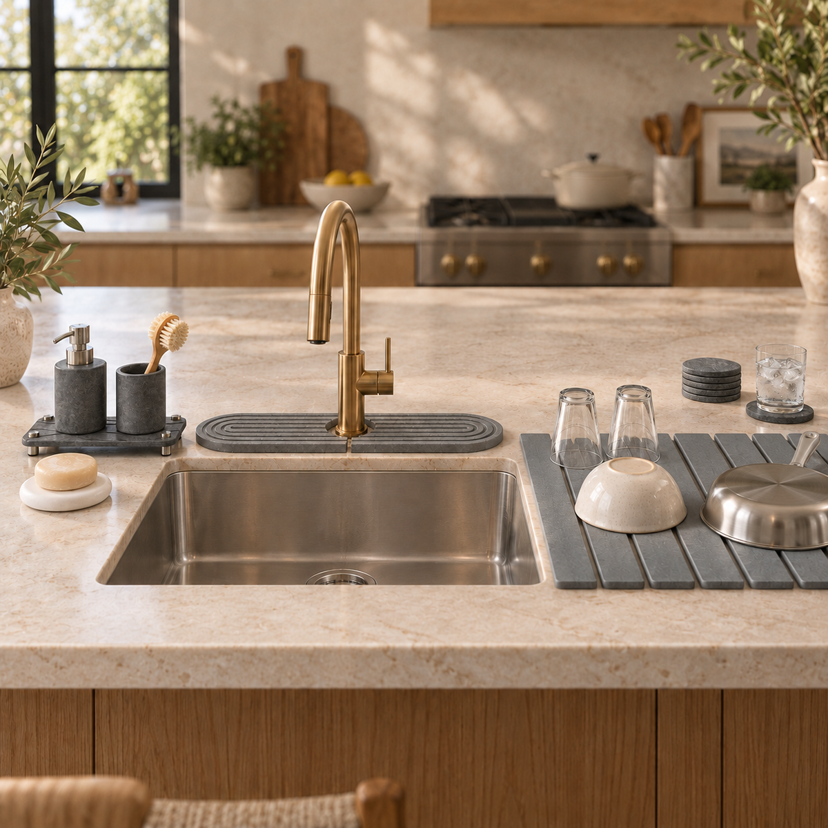 The Trivelle Complete Kitchen Set on a kitchen counter: stone drying mat holding glasses and a pan, sink caddy, faucet mat, soap tray and coasters