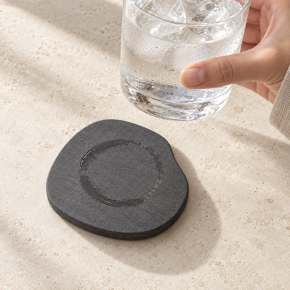 Stone Coaster Set absorbing water, wet and dry stone side by side