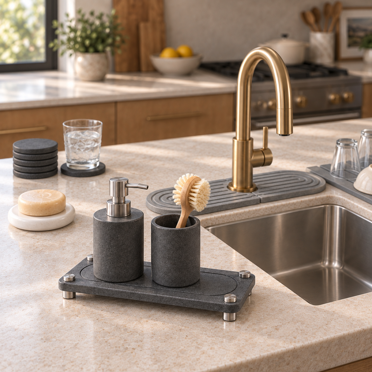The Trivelle stone sink caddy raised on stainless steel legs, holding a stone utensil cup. Soap dispenser and dish brush shown for styling, not included