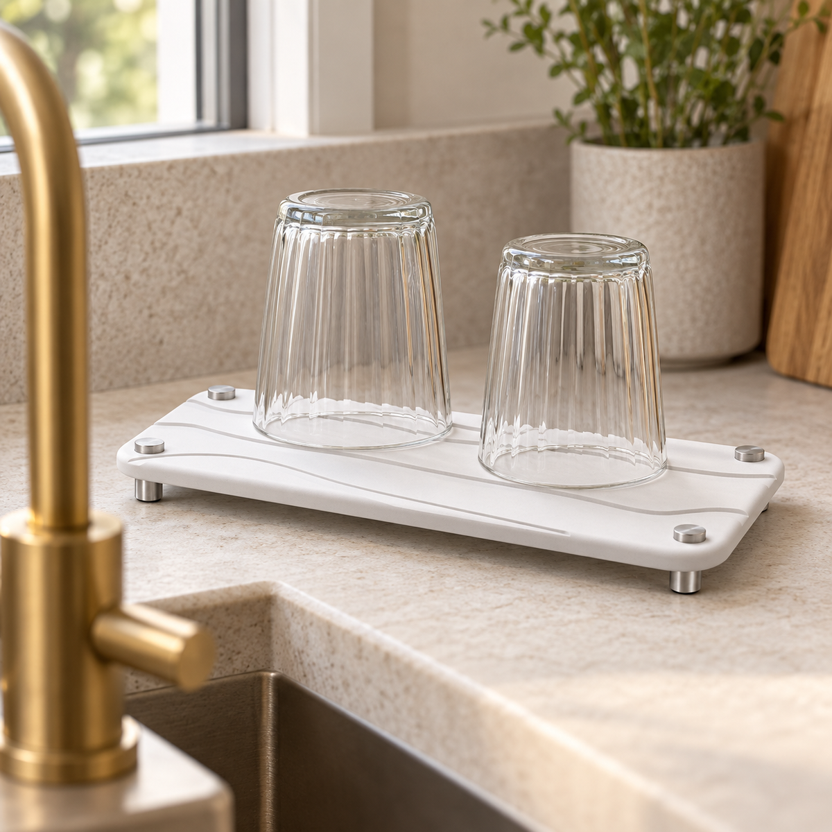 White — White stone vanity tray drying two glasses beside a kitchen sink