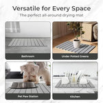 Stone mat used in four spaces — bathroom floor, under potted plants, beneath a pet bowl, and on the kitchen counter