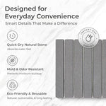 Close-up of diatomite stone slats with quick-dry, mold-resistant, and eco-friendly feature icons