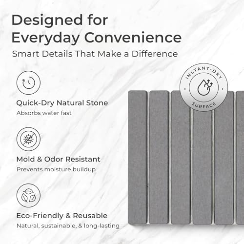 Close-up of diatomite stone slats with quick-dry, mold-resistant, and eco-friendly feature icons
