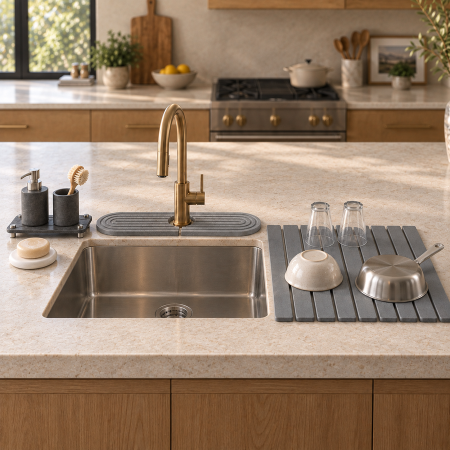After: the Trivelle Kitchen Ritual in the same spot — stone drying mat, sink caddy, soap tray and faucet mat, counter clear