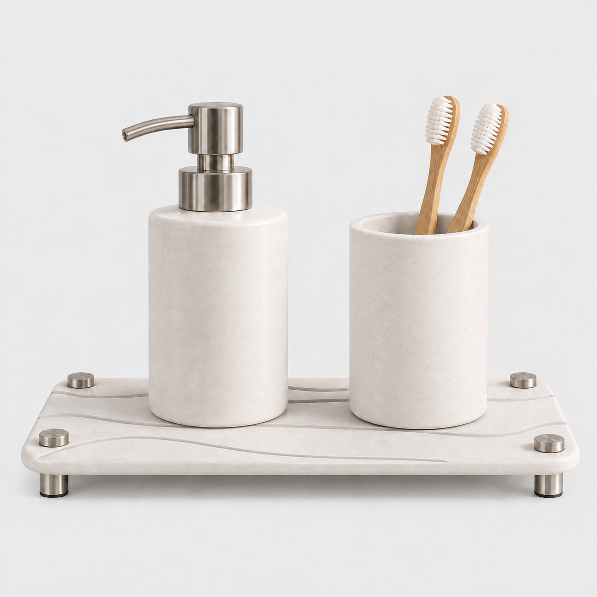 White — White stone vanity tray with a matching soap pump and toothbrush cup