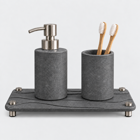 Dark Gray — Dark gray stone vanity tray with a matching soap pump and toothbrush cup