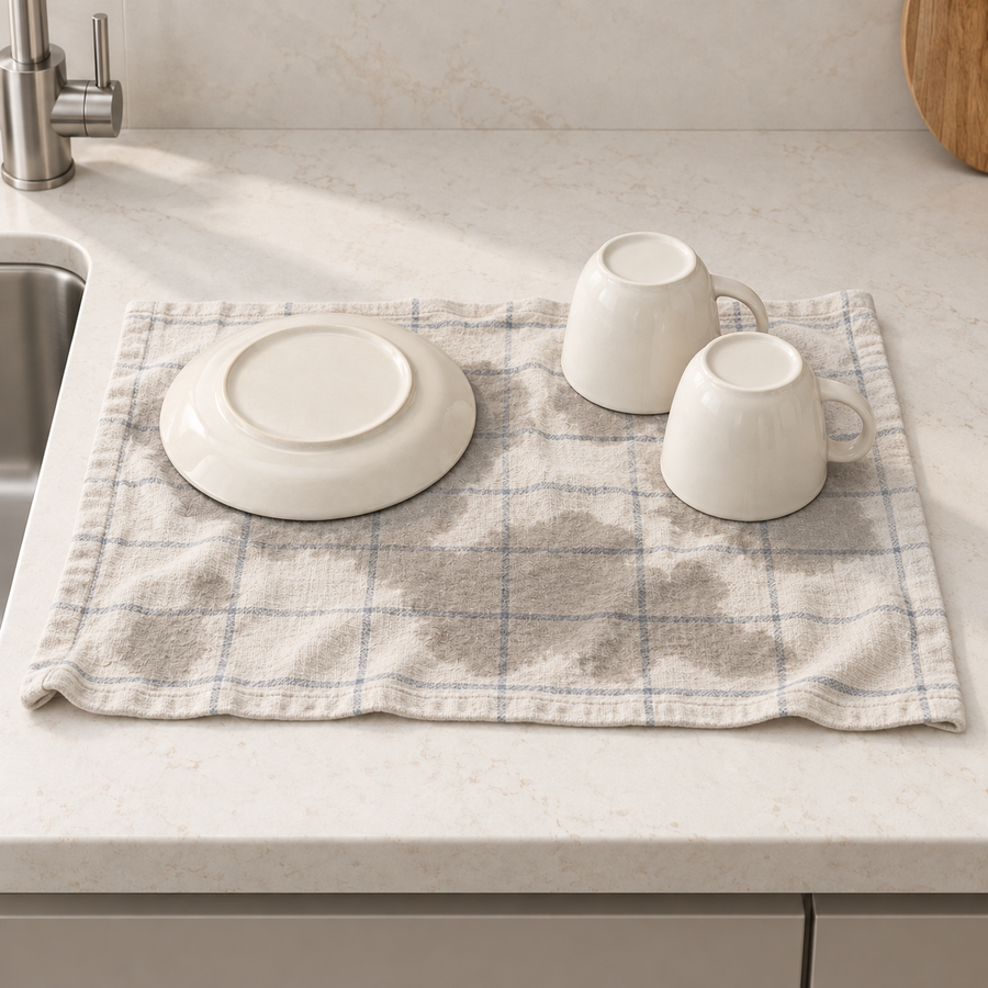 Stone Drying Mat for Kitchen Counter: dishes drying on a damp kitchen towel (before)