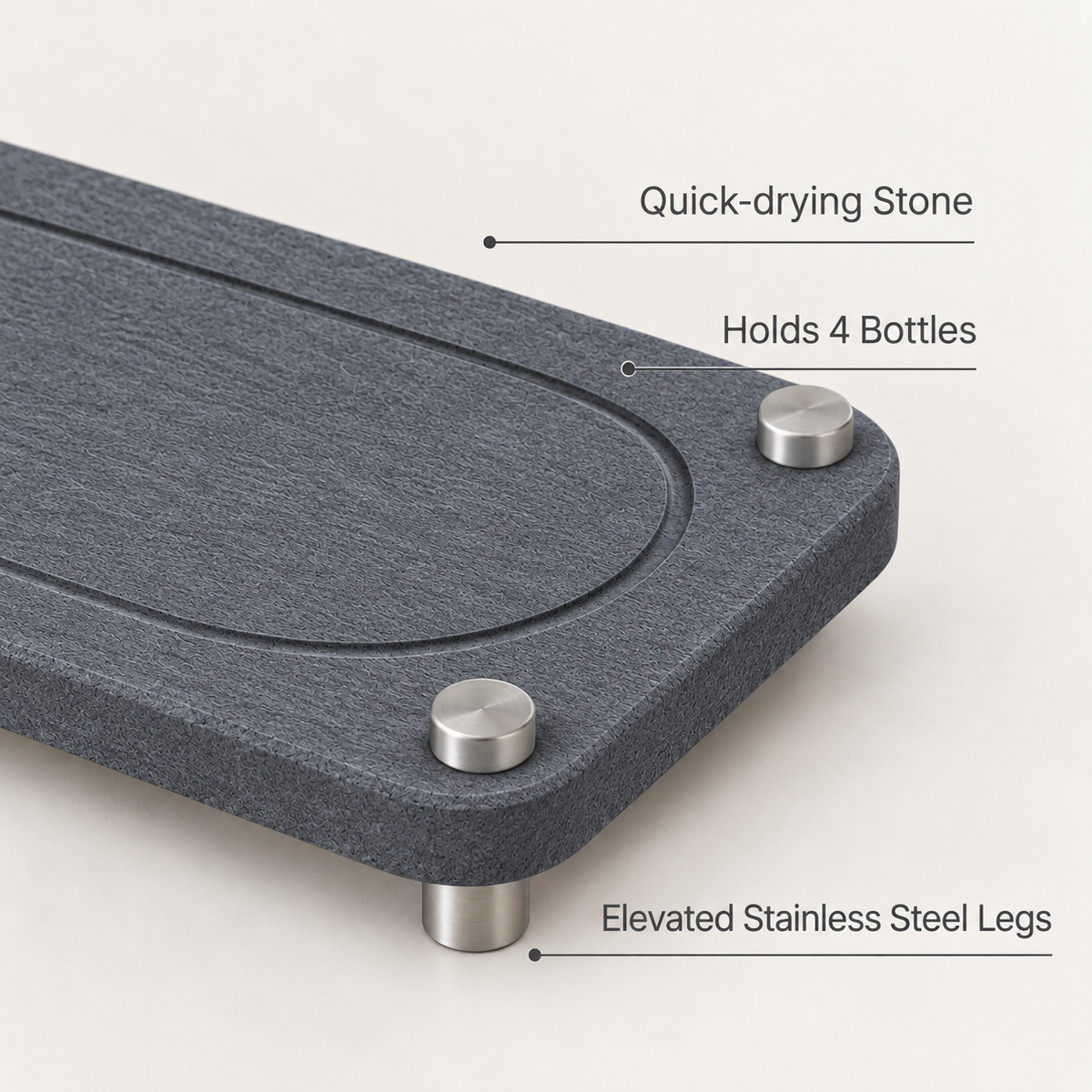 Dark Gray — Dark gray stone sink caddy features: quick-drying stone, holds 4 bottles, elevated stainless steel legs