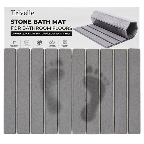 Trivelle gray diatomaceous stone bath mat shown on a bathroom floor
