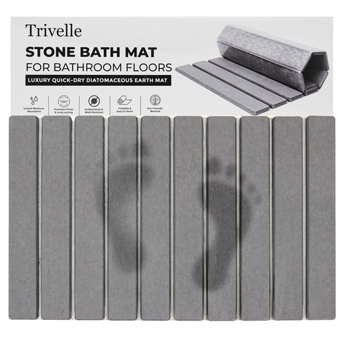 Trivelle gray diatomaceous stone bath mat shown on a bathroom floor