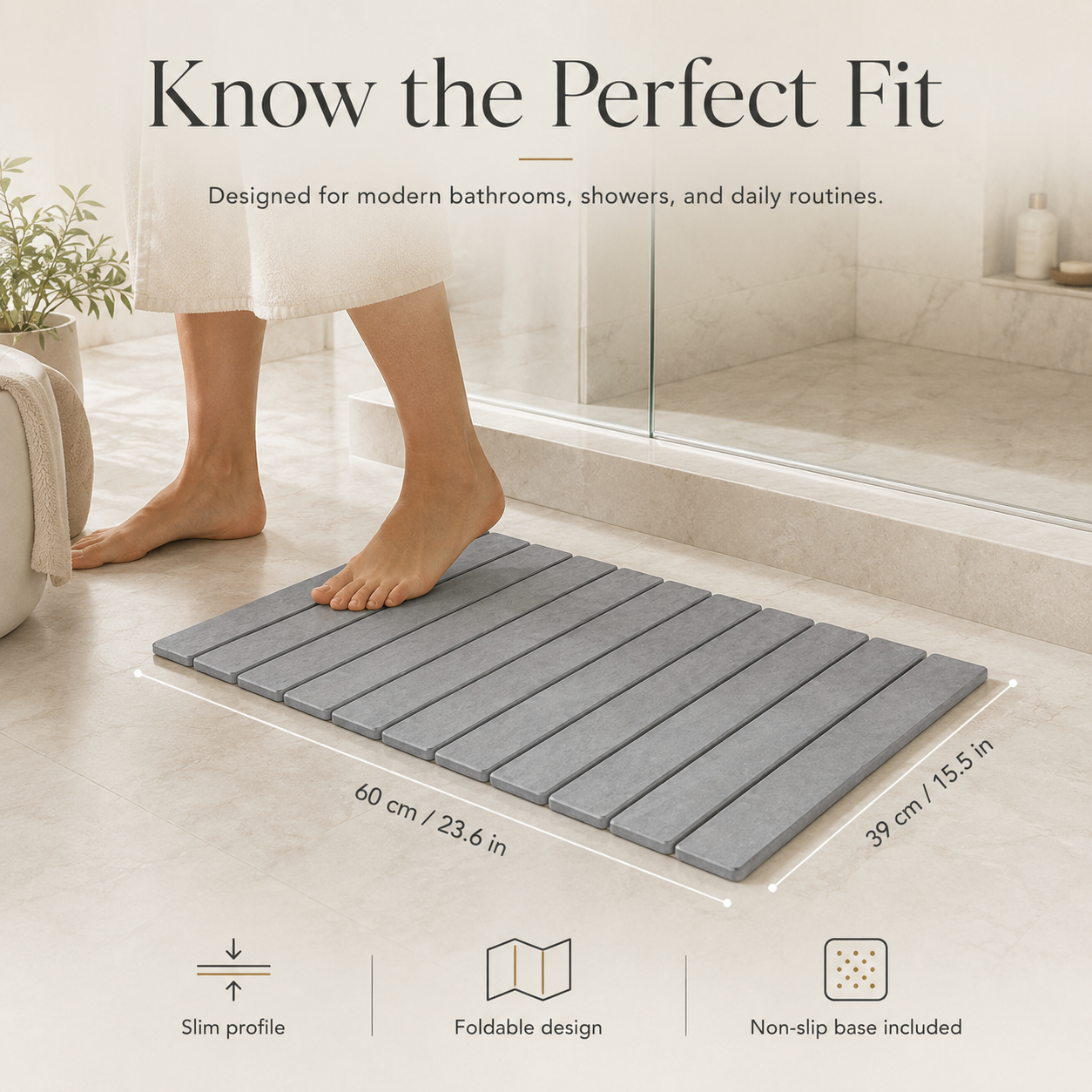 Stone bath mat dimensions — 23.6 by 15.5 inches with slim non-slip profile