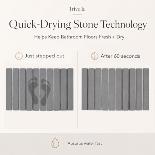 Wet footprints on the stone bath mat just after stepping out, fully dry after 60 seconds