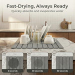 Dishes, mugs, and plates drying on the stone mat, with the water-absorption sequence shown at 2, 30, and 60 seconds