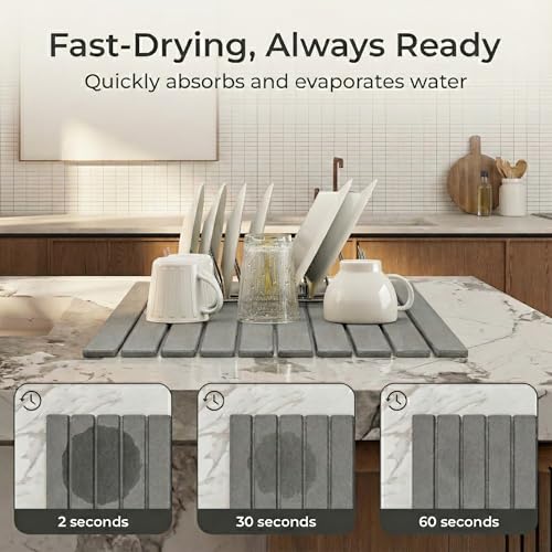 Dishes, mugs, and plates drying on the stone mat, with the water-absorption sequence shown at 2, 30, and 60 seconds