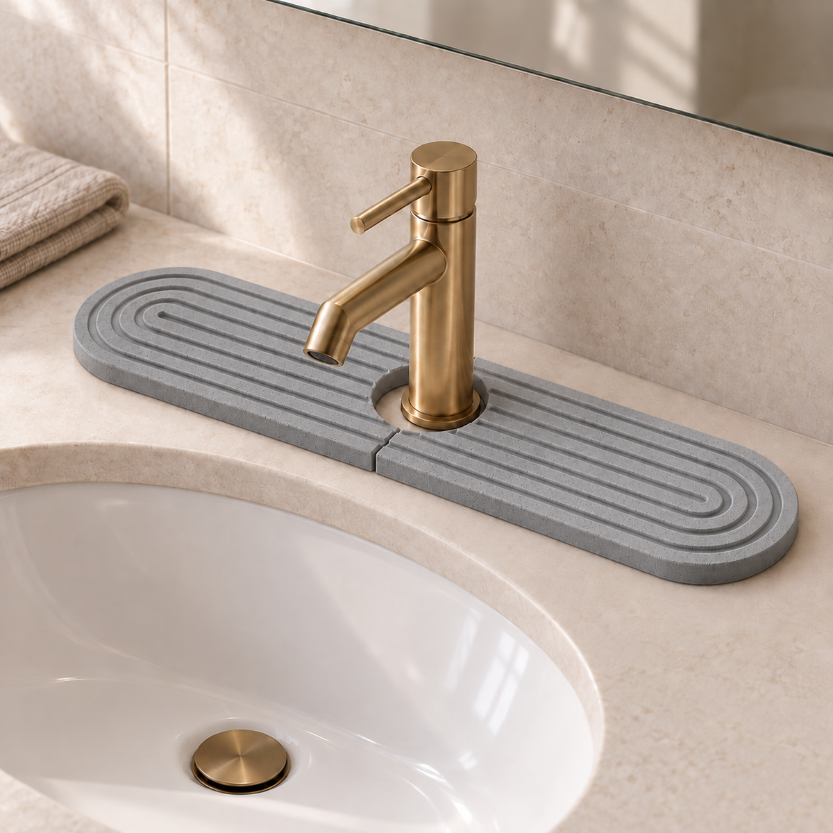 Dark Gray — Dark gray stone faucet mat on a bathroom vanity behind a brass tap