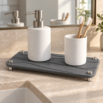 Dark Gray — Dark gray stone vanity tray holding a soap pump and toothbrush cup on a bathroom vanity