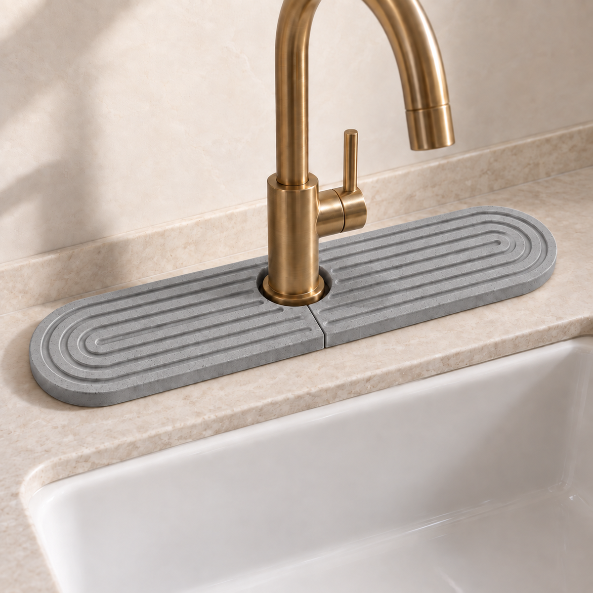 Dark Gray — Dark gray stone faucet mat catching splashes behind a kitchen faucet
