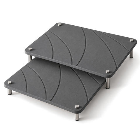 Trivelle Stone Arc Riser Set: two dark gray diatomaceous earth boards with carved arc channels on metal legs, stacked