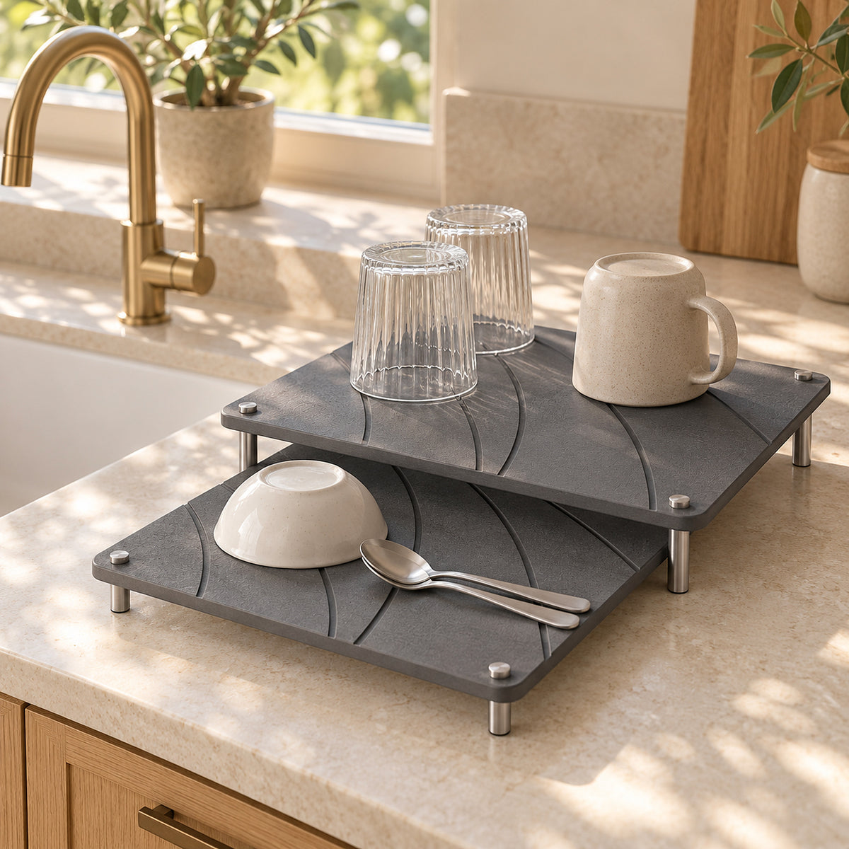 Stone Arc Riser Set by the kitchen sink holding glasses, a mug and a bowl