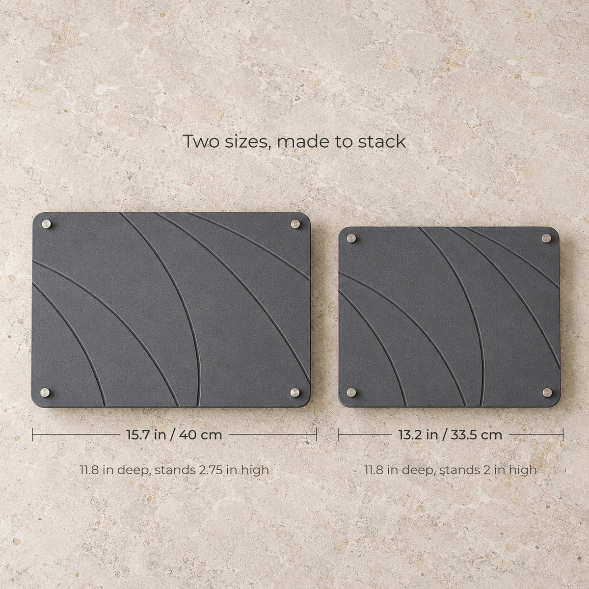 Stone Arc Riser Set dimensions: 15.7 x 11.8 in and 13.2 x 11.8 in boards