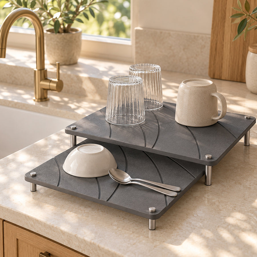 After: the same dishes on the Stone Arc Riser Set, the counter dry
