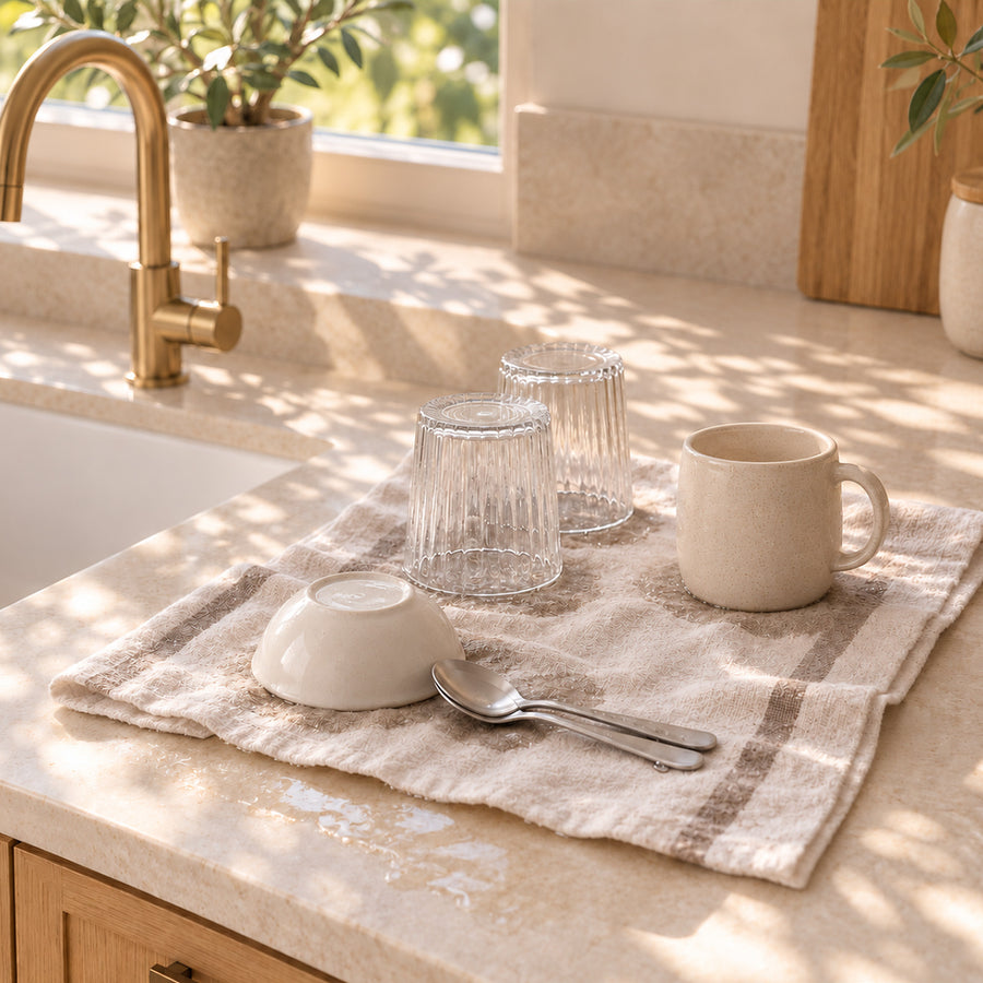 Before: glasses, a mug and a bowl drying on a damp tea towel with water pooling on the counter