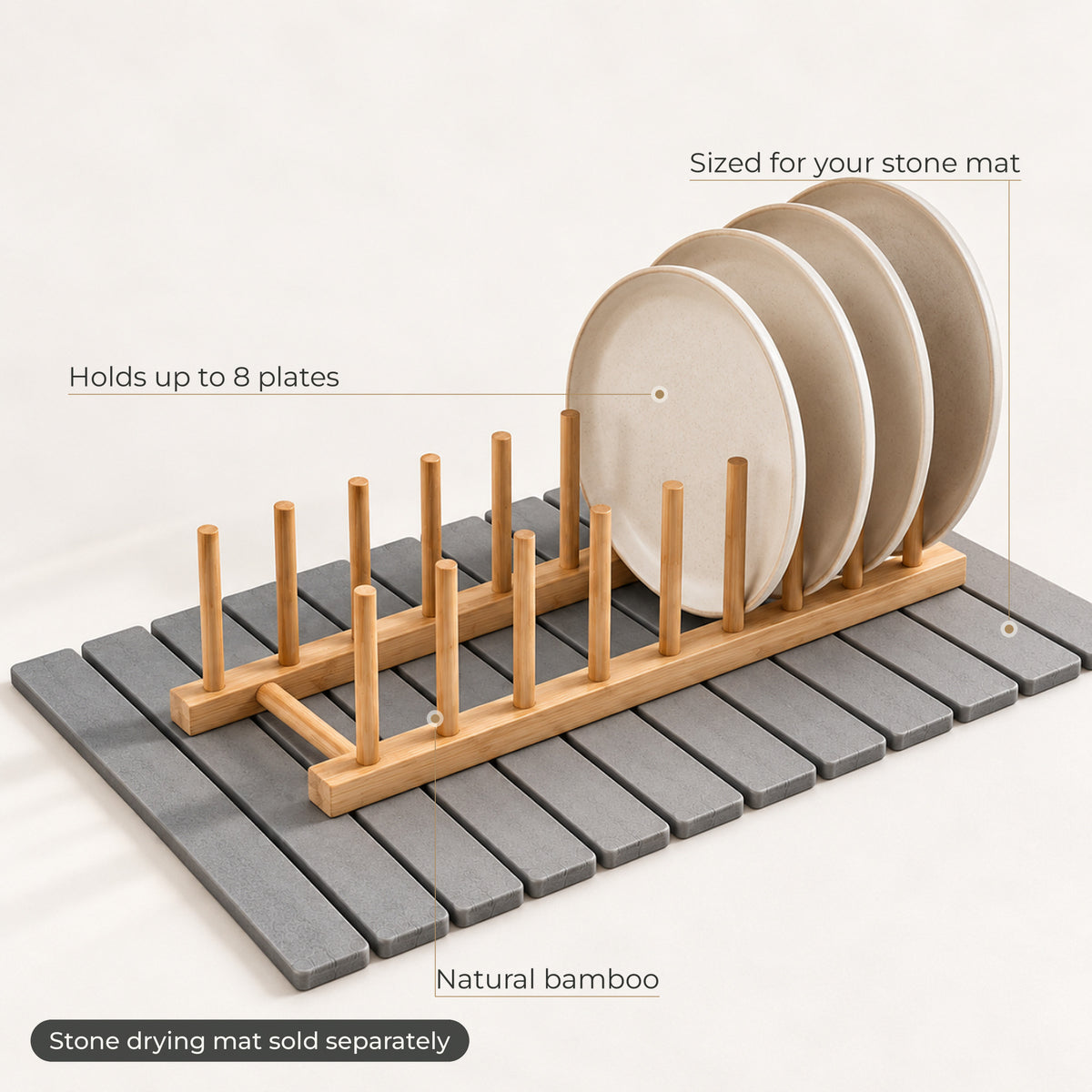 Bamboo plate rack features: holds up to 8 plates, natural bamboo, sized for your stone mat