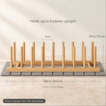 Bamboo plate rack dimensions: 13.6 in long, 4.7 in deep, 3.9 in tall, 1.3 in between pegs