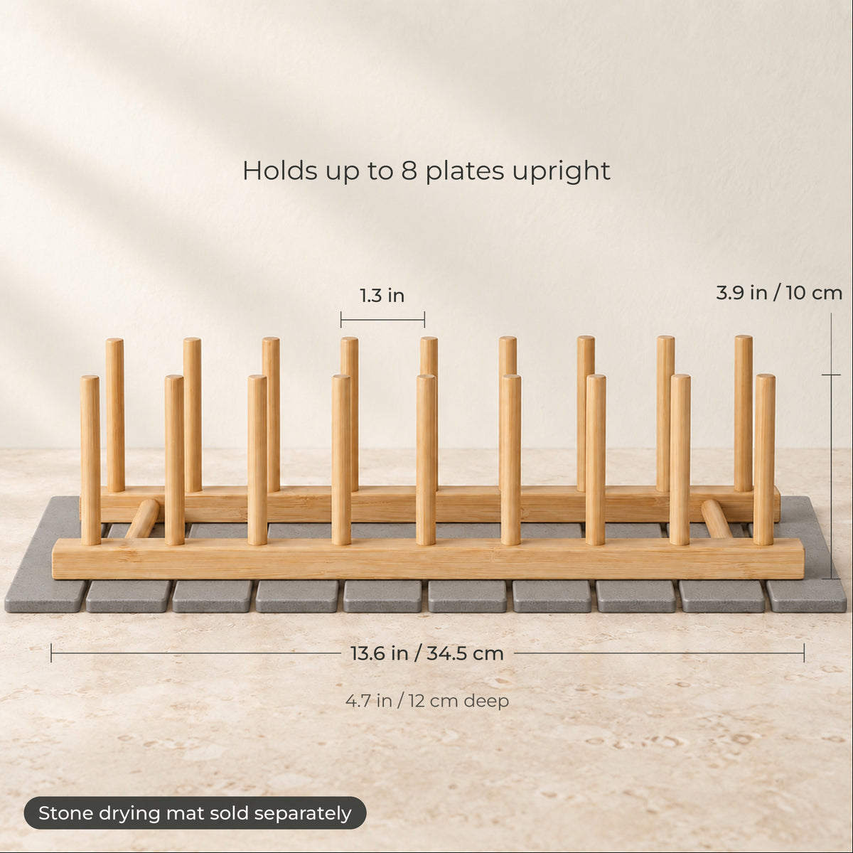 Bamboo plate rack dimensions: 13.6 in long, 4.7 in deep, 3.9 in tall, 1.3 in between pegs