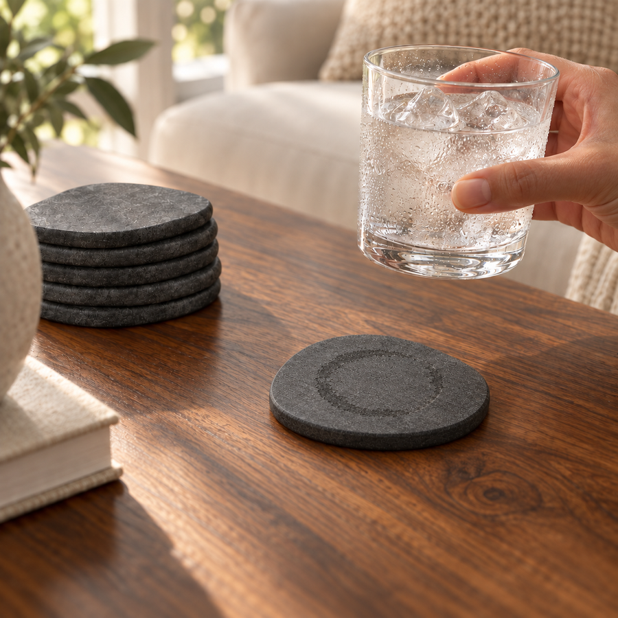 The same table with a Trivelle stone coaster: the ring has soaked into the stone and the wood stays dry