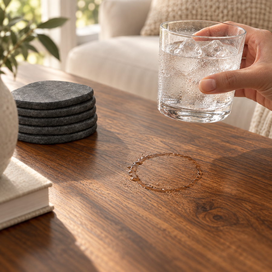 A cold glass lifted off a wooden table, leaving a ring of water on the wood