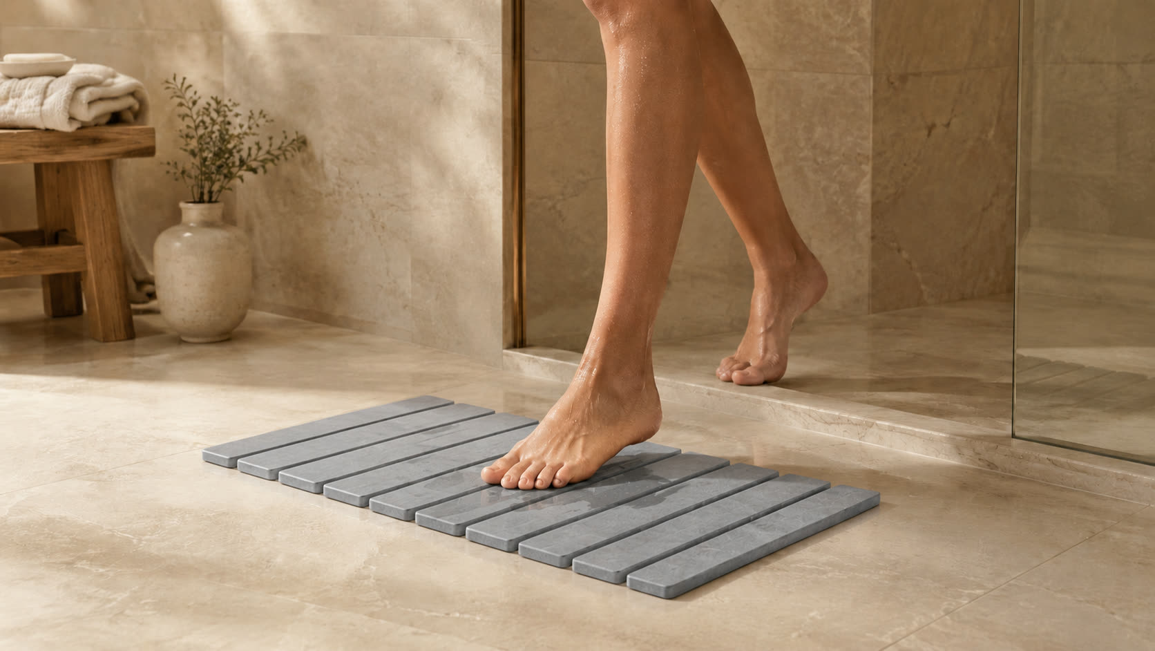 Bare foot stepping onto the Trivelle stone bath mat outside a marble shower